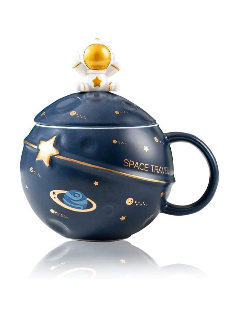 Y&D Astronaut Cup Space Embossed Planet Mug 13.52oz Ceramic Coffee Mugs with Lid And Spoon Gift Box Cute Ceramic Coffee Mug Unique Gift Birthday For Girl Boy Women Men (Dark Blue)  - Image 2