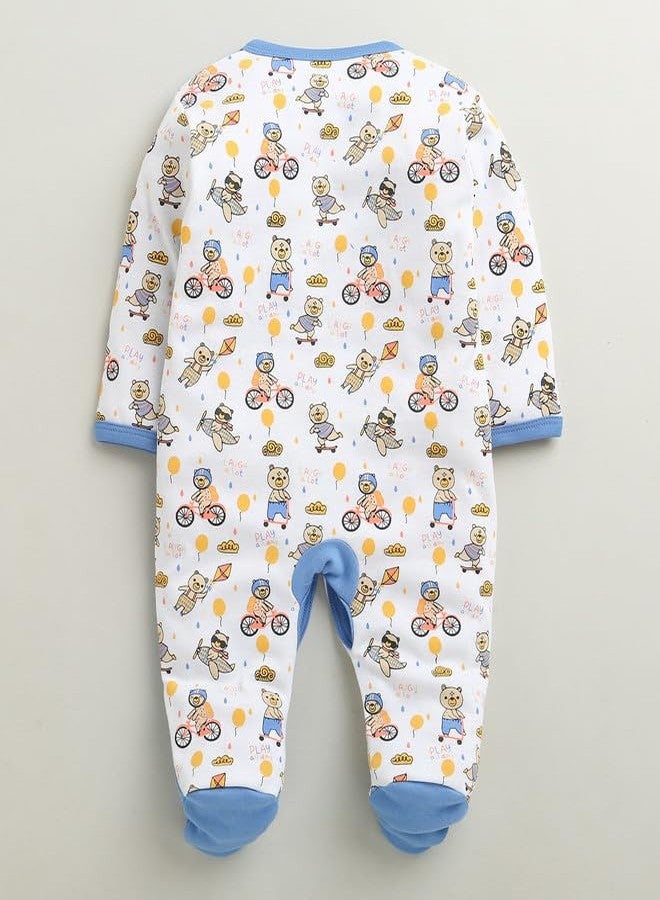 BUMZEE بيجامة نوم قطنية بأكمام طويلة للأولاد من بامزي، أبيض وأزرق - من 3 إلى 6 أشهر (Peb10924C-wht) - Image 2