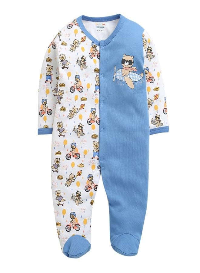 BUMZEE بيجامة نوم قطنية بأكمام طويلة للأولاد من بامزي، أبيض وأزرق - من 3 إلى 6 أشهر (Peb10924C-wht) - Image 1