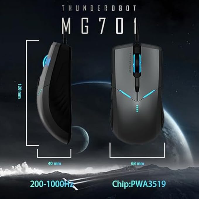 ThundeRobot MG701 WIRED GAMING MOUSE, ULTIMATE GAMING-GRADE CHIP, 4200 DPI OPTICAL SENSOR, HIGH ROLLING RATE, ERGONOMIC DESIGN WITH ANTI-SLIP SIDE GRIPS, BLACK - Image 2