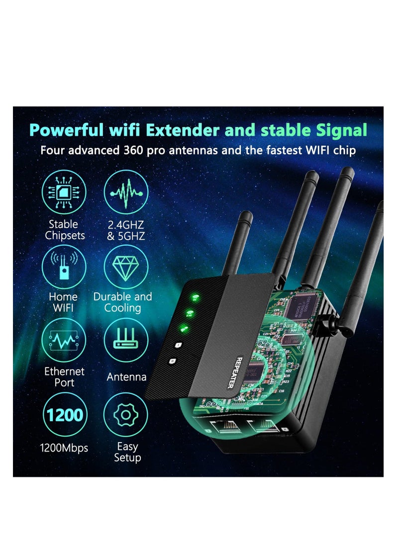 Generic - WiFi Extender, Wi-Fi Booster Amplifier, 1200Mbps Wall-Through Strong, Cover up to 12880 sq.ft & 105 Devices, Dual Band 2.4G & 5G, 4 Antennas 360° Full Coverage, with Ethernet Port & AP Mode - Image 1
