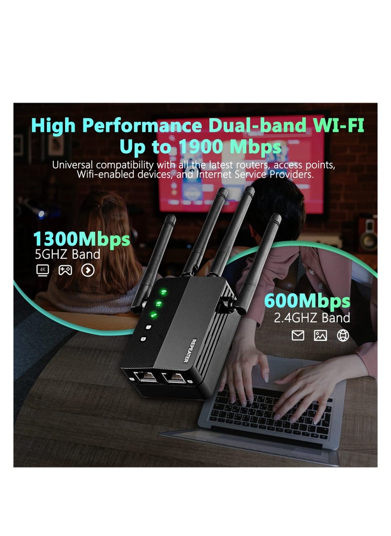 Generic - WiFi Extender, Wi-Fi Booster Amplifier, 1200Mbps Wall-Through Strong, Cover up to 12880 sq.ft & 105 Devices, Dual Band 2.4G & 5G, 4 Antennas 360° Full Coverage, with Ethernet Port & AP Mode - Image 1