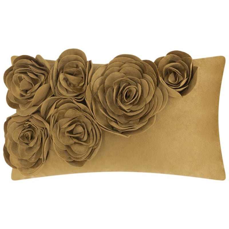 JWH 3D Flower Throw Pillow Cover Decorative Handmade Floral Pillow Case Soft Velvet Pillowcase Lumbar Cushion for Bed Living Room Chair Couch Decor Shams 12x20 Inch Golden Brown