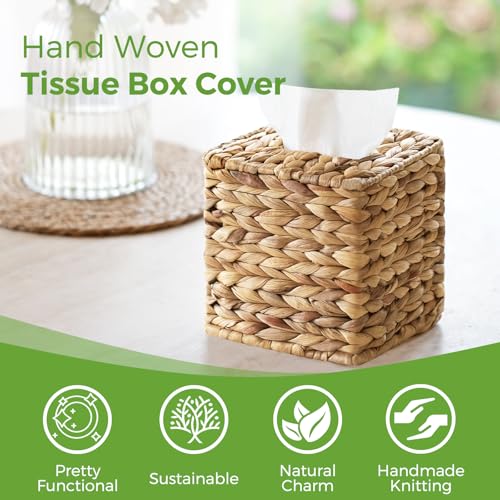S310 Rattan Tissue Box Cover Square, Wicker Tissue Box Holder Facial Tissues Boxes, Hand Woven Square Tissue Box Cover Tissue Holder for Bathroom Toilet Living Room Kitchen Office Table Desk, Natural - Image 2