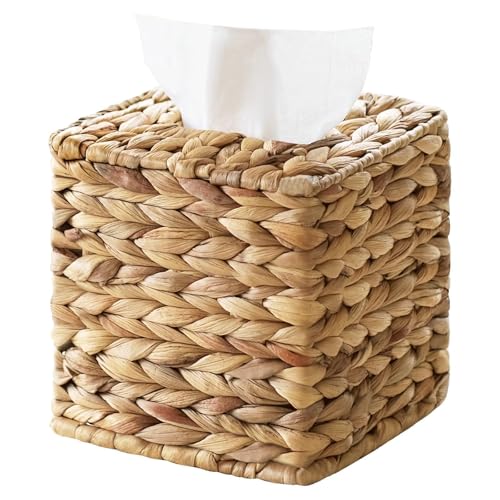 S310 Rattan Tissue Box Cover Square, Wicker Tissue Box Holder Facial Tissues Boxes, Hand Woven Square Tissue Box Cover Tissue Holder for Bathroom Toilet Living Room Kitchen Office Table Desk, Natural - Image 1