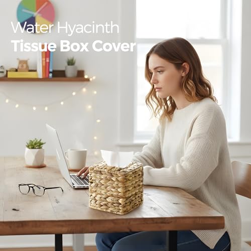 S310 Rattan Tissue Box Cover Square, Wicker Tissue Box Holder Facial Tissues Boxes, Hand Woven Square Tissue Box Cover Tissue Holder for Bathroom Toilet Living Room Kitchen Office Table Desk, Natural - Image 5