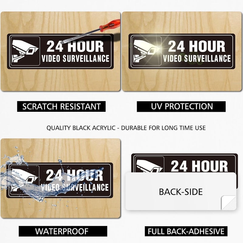 SnailGo 24 Hour Video Surveillance 9x3 Inch, Acrylic Sign for Business House Office Waterproof Self-Adhesive Plastic Signage for Door Wall 4 Pack - Image 3