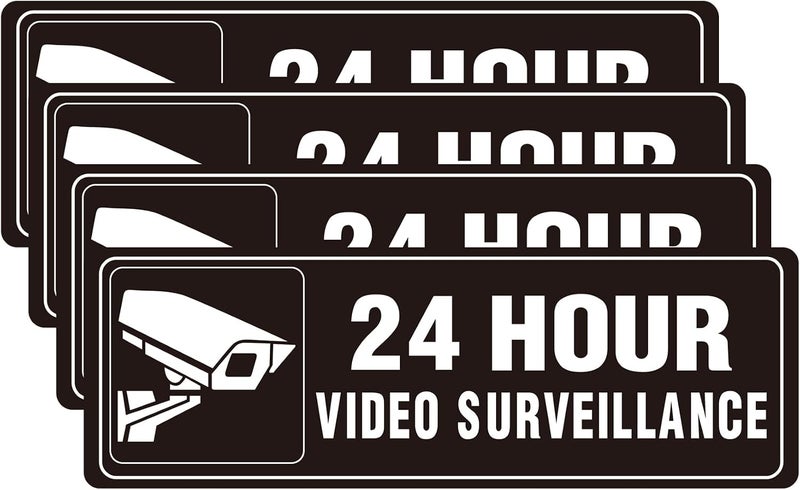 SnailGo 24 Hour Video Surveillance 9x3 Inch, Acrylic Sign for Business House Office Waterproof Self-Adhesive Plastic Signage for Door Wall 4 Pack - Image 1