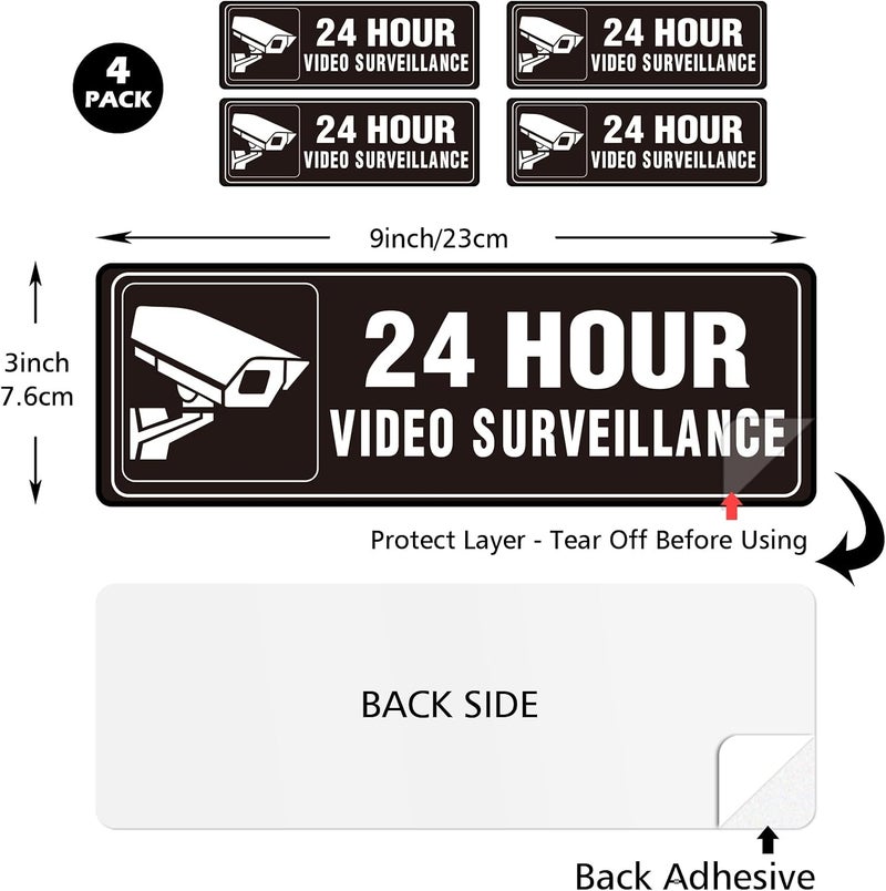SnailGo 24 Hour Video Surveillance 9x3 Inch, Acrylic Sign for Business House Office Waterproof Self-Adhesive Plastic Signage for Door Wall 4 Pack - Image 2
