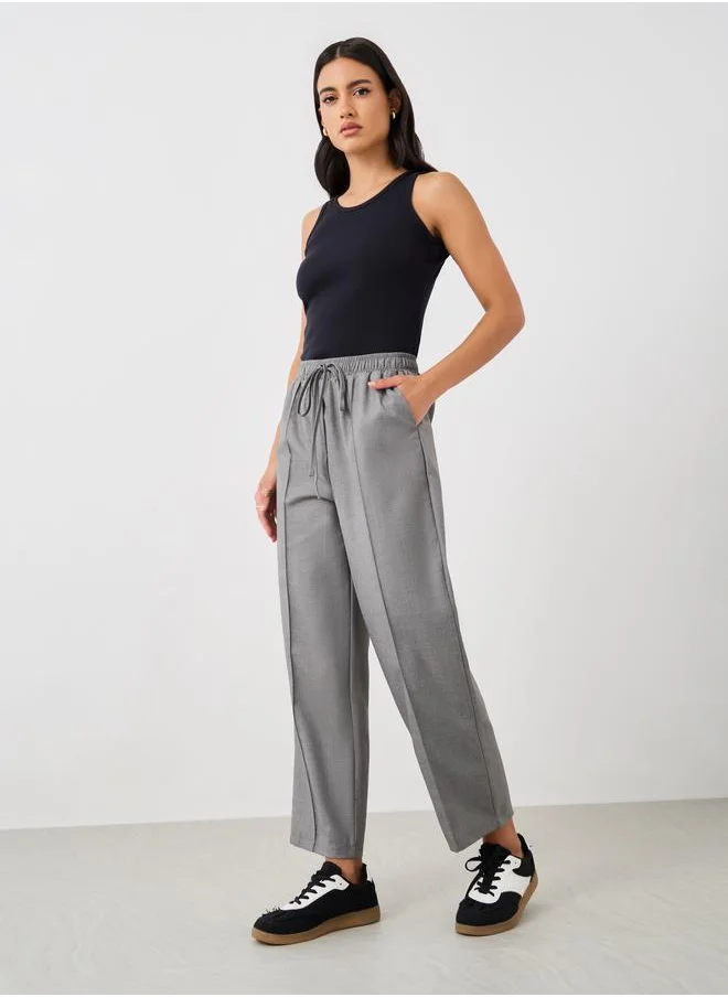 Styli Styli Solid Pintuck Detail Tapered Fit Pants with Elasticated Waistband