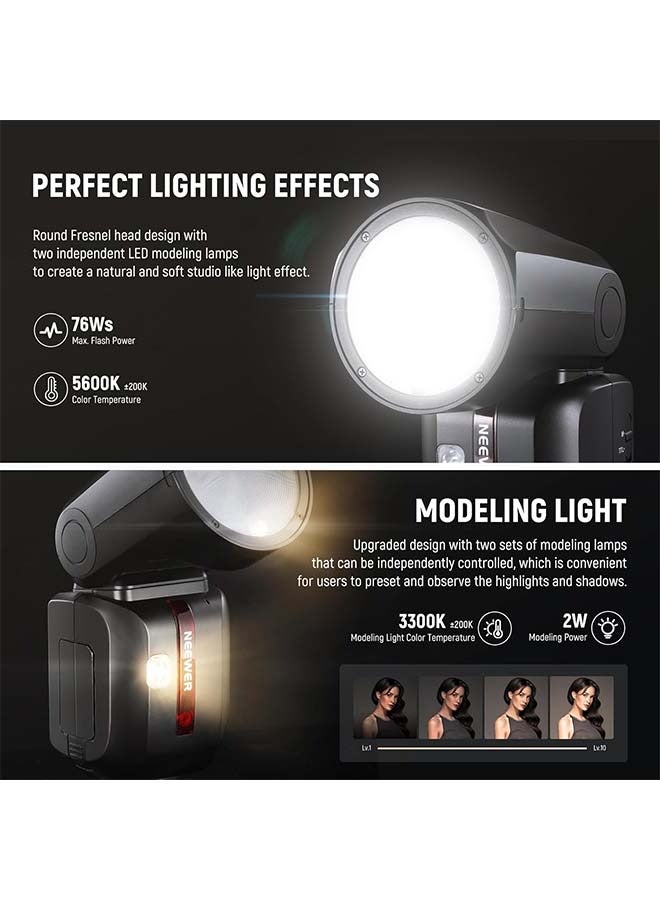 Neewer NEEWER Z2-S 2.4G TTL Round Head Flash Speedlite for Sony, 76Ws Speedlight with Dome Diffuser, Upgraded UI, TTL/M TCM Toggle Key, 2 Modeling Lamps 1/8000s HSS 7.4V/2600mAh Battery 480 Full Power Flash  - Image 3