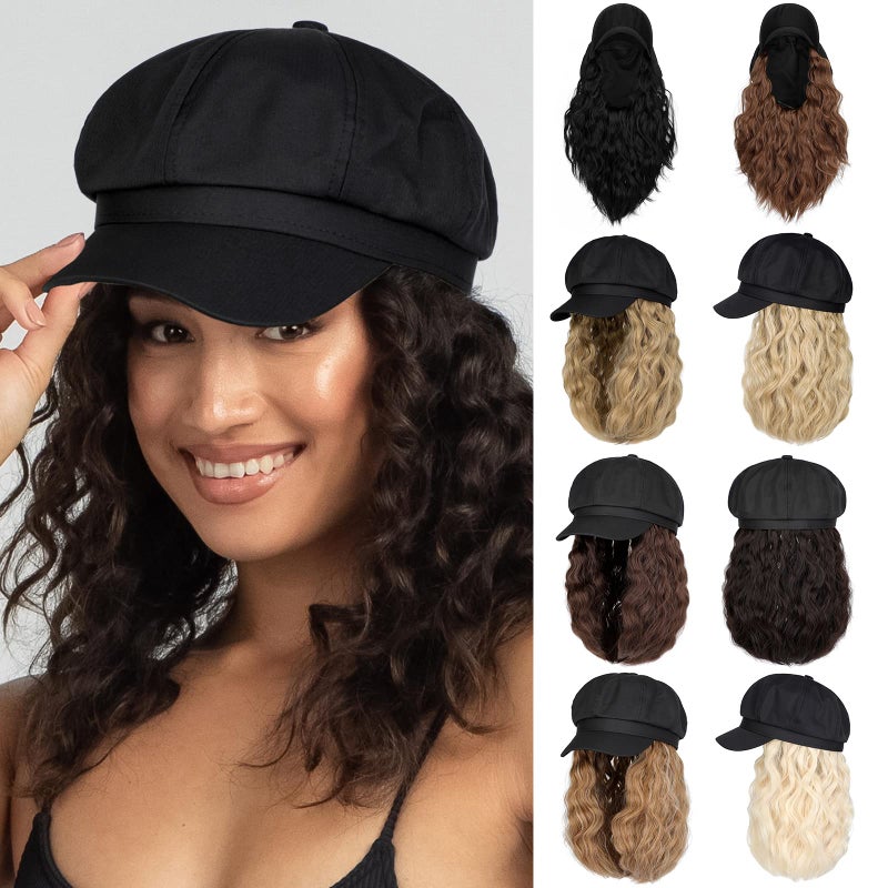 Lansigreen Newsboy Cap with Hair Extensions Short Curly Wavy Bob Hairstyle Wig Hat Beret 8 Panel Attached 14 Synthetic Hairpiece for Women Natural Black