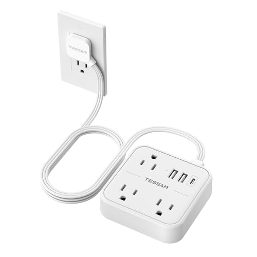 TESSAN Ultra Thin Flat Extension Cord 5 FT, Slim Power Strip with USB Ports (1 USB C), Surge Protector Flat Plug Wall Charger with 3 Outlets for Office, School, Dorm Room Essentials, White - Image 1