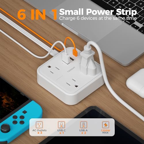 TESSAN Ultra Thin Flat Extension Cord 5 FT, Slim Power Strip with USB Ports (1 USB C), Surge Protector Flat Plug Wall Charger with 3 Outlets for Office, School, Dorm Room Essentials, White - Image 2