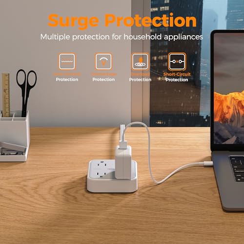 TESSAN Ultra Thin Flat Extension Cord 5 FT, Slim Power Strip with USB Ports (1 USB C), Surge Protector Flat Plug Wall Charger with 3 Outlets for Office, School, Dorm Room Essentials, White - Image 4