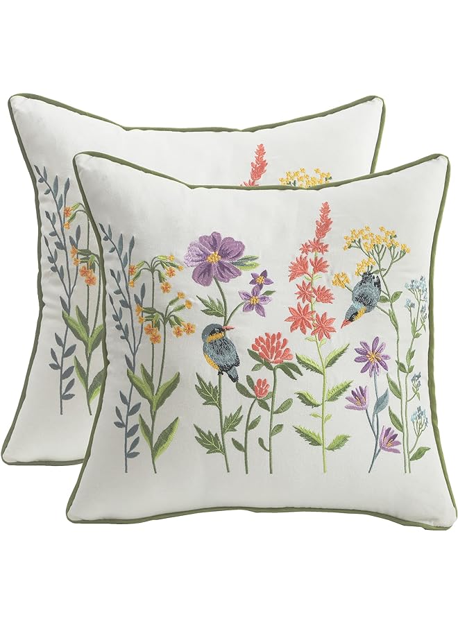 Zaboon Tosleo Vintage Birds With Flowers Embroidered Decorative Throw Pillow Covers 18X18 Set Of 2 Pillow Cushion Cases Farmhouse Decor Square Floral Pillowcases - Image 1