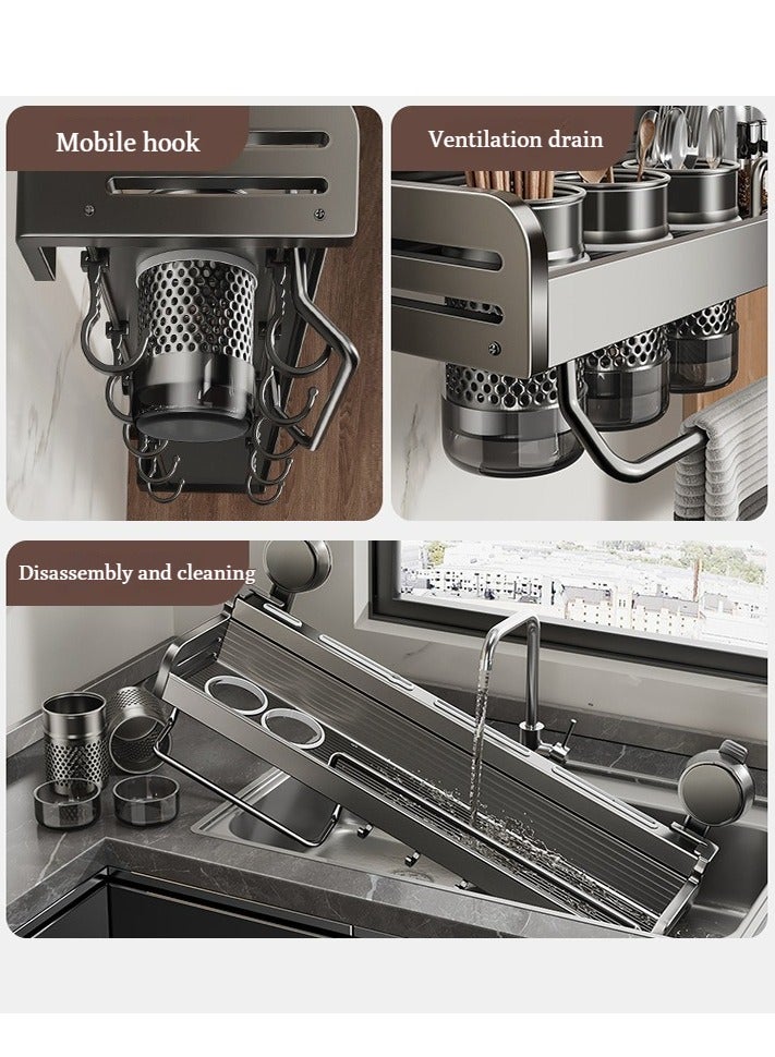 XiuWoo 60cm Utensil Rack For Kitchen Suction Cup No Drilling Required Stainless Steel Kitchen Utensil Holder Kitchen Tool Hook Multifunctional Wall Mounted Rack With Spoon Fork And Chopstick Holder Waterproof, Load Resistant, Lightweight Kitchen Rack  - Image 4