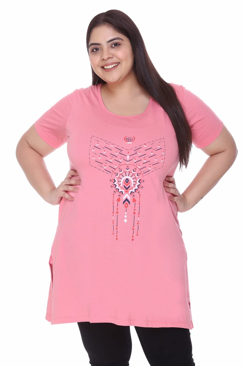CUPID Women Plus Size Cotton Round Neck Half Sleeve Regular T-Shirt, Nightwear, Sleepwear, Daily Use Gym N Lounge Wear Long Tops for Ladies_Blush Pink_4XL - Image 1
