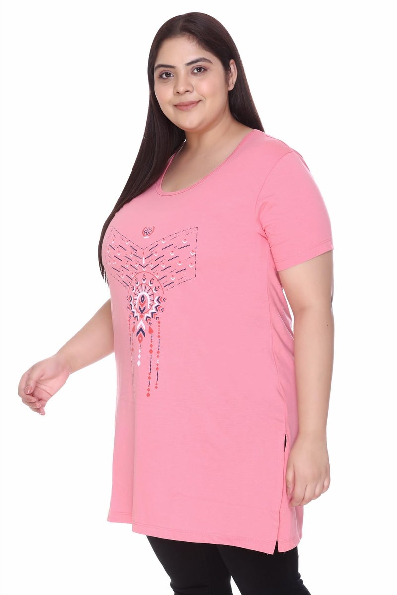 CUPID Women Plus Size Cotton Round Neck Half Sleeve Regular T-Shirt, Nightwear, Sleepwear, Daily Use Gym N Lounge Wear Long Tops for Ladies_Blush Pink_4XL - Image 5