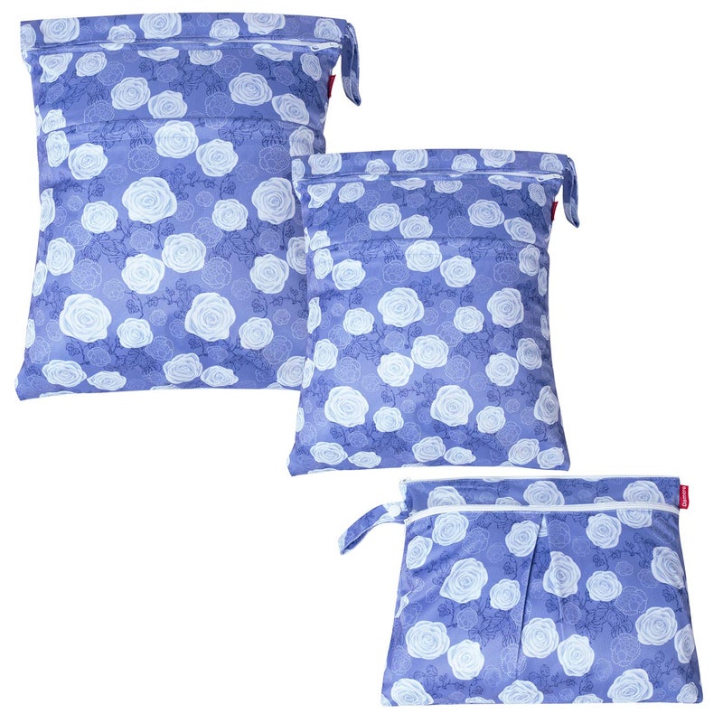 Damero 3Pcs Wet Dry Bag for Cloth Diaper, Swimsuit, Clothes, Ideal for Travel, Exercise, Daycare, Roomy and Water-Resistant(Purple Flowers) - Image 1