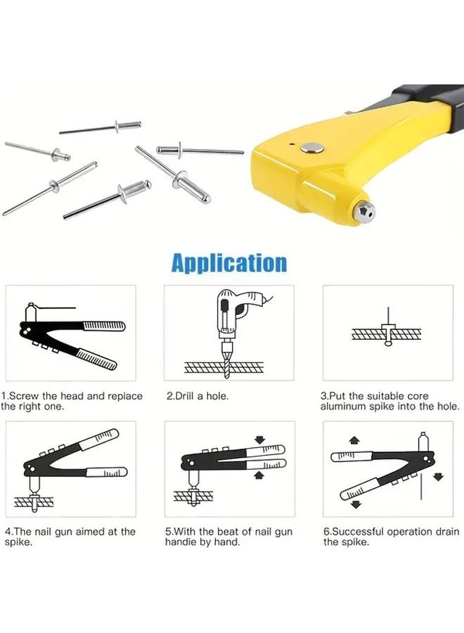 10 Inch Saffron Yellow Manual Rivet Tool Kit With 4 Heads 120 Rivets For Metal Plastic Home Repair - Image 4