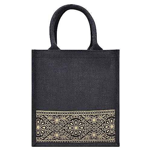 Jute Cottage Eco-Friendly Lunch, Tiffin & Tote Bag for Men | Black Printed Jute Carry Bag with Zip | Handcrafted Sustainable Bag for Office, Travel, Daily Use - Image 2