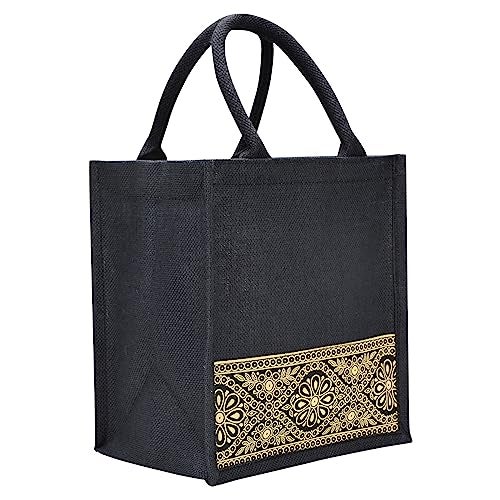 Jute Cottage Eco-Friendly Lunch, Tiffin & Tote Bag for Men | Black Printed Jute Carry Bag with Zip | Handcrafted Sustainable Bag for Office, Travel, Daily Use - Image 1
