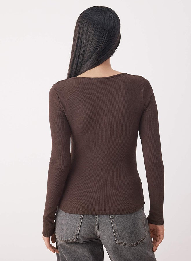 trendyol Light Brown Snap Fitted/Slim Fit Ribbed Stretch Knit Blouse - Image 4