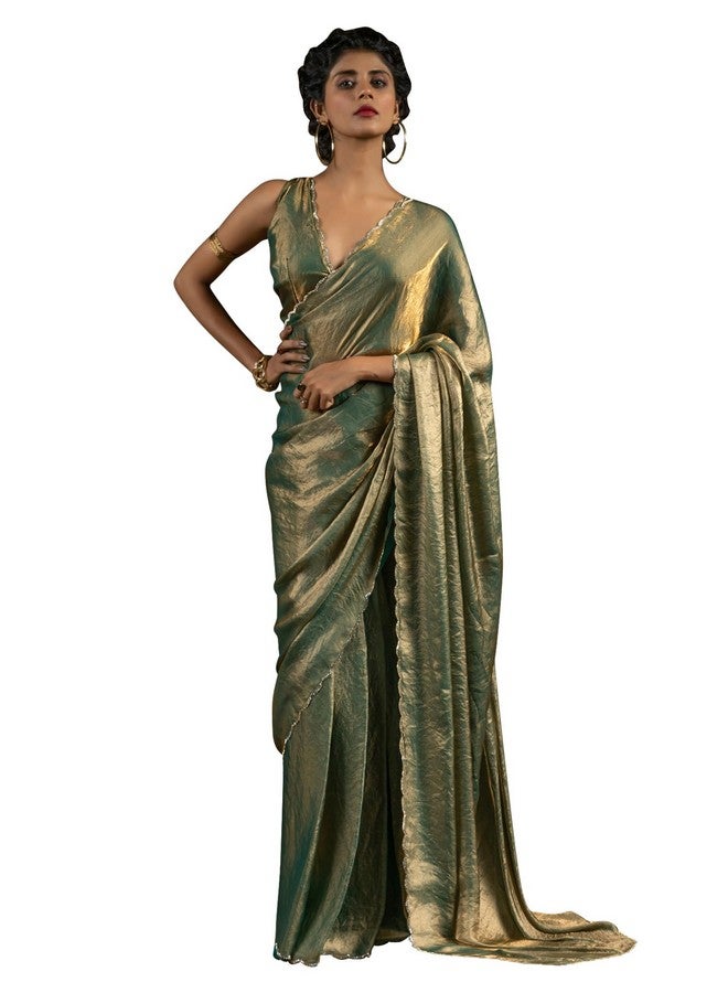 saree mall ساري مول ساري حرير ساتان أخضر فاتح مزين بالخرز والحجارة جاهز للارتداء ساري دقيقة واحدة مع قطعة بلوزة غير مخيطة (RTWAROHI103E_AK) - Image 1