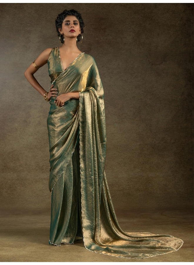 saree mall ساري مول ساري حرير ساتان أخضر فاتح مزين بالخرز والحجارة جاهز للارتداء ساري دقيقة واحدة مع قطعة بلوزة غير مخيطة (RTWAROHI103E_AK) - Image 4