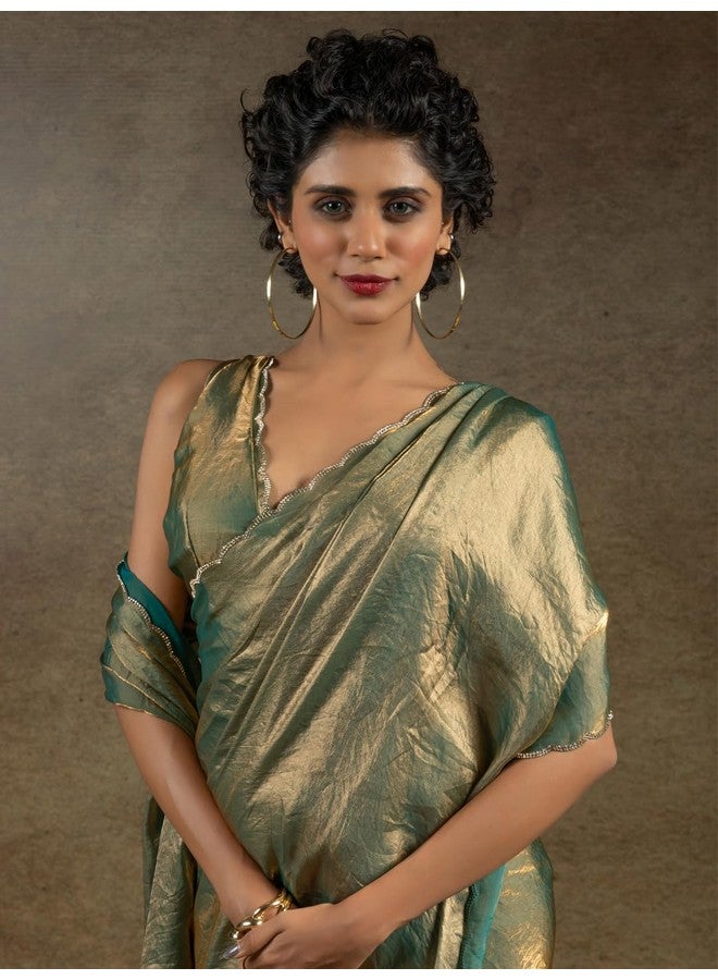 saree mall ساري مول ساري حرير ساتان أخضر فاتح مزين بالخرز والحجارة جاهز للارتداء ساري دقيقة واحدة مع قطعة بلوزة غير مخيطة (RTWAROHI103E_AK) - Image 5