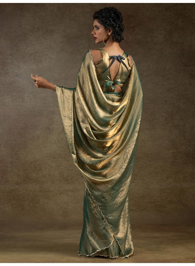 saree mall ساري مول ساري حرير ساتان أخضر فاتح مزين بالخرز والحجارة جاهز للارتداء ساري دقيقة واحدة مع قطعة بلوزة غير مخيطة (RTWAROHI103E_AK) - Image 2