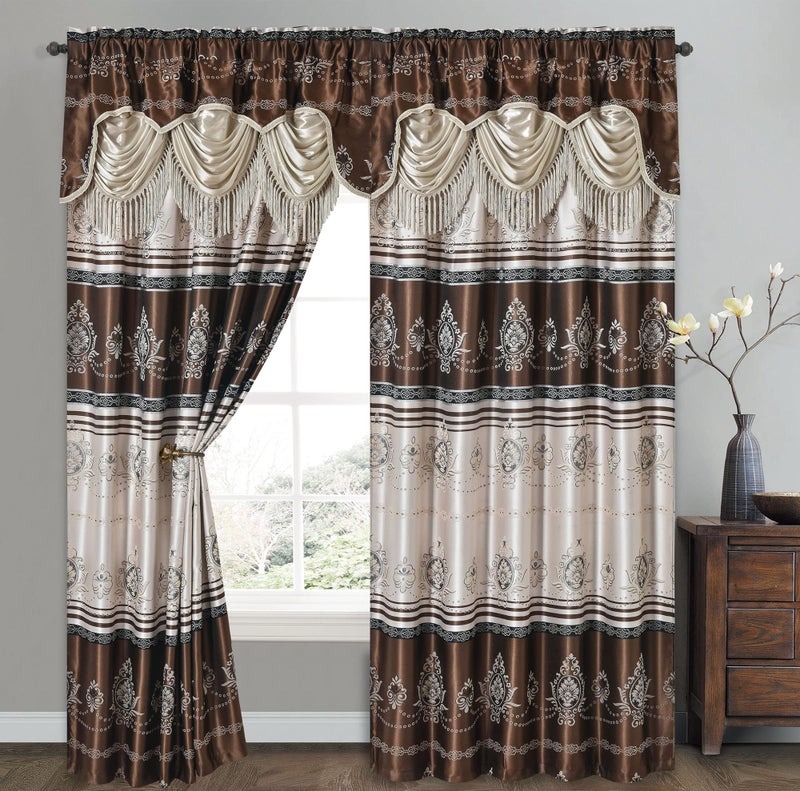 GOHD Golden Ocean Home Decor GOHD Harmony Horizon Jacquard Window Curtain Panel Drape with Attached Fancy Valance 2pcs Set Each pc 54 Wide x 90 Drop with 18 Valance Brown