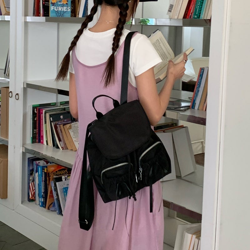 Women's Nylon Backpack with Bow Ribbon Korean School Style - Image 3