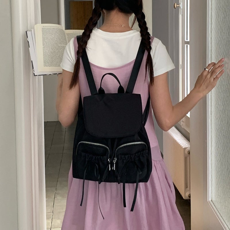 Women's Nylon Backpack with Bow Ribbon Korean School Style - Image 1