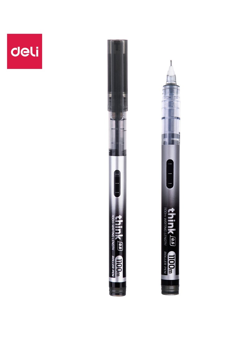 Deli EQ300-BK Roller Pen â€“ 0.5mm Needle Tip, 1100m Writing Length, Ink Indicator, Smooth & Non-Toxic Black Ink. - Image 1