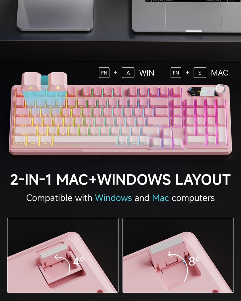 EWEADN V102 Wired Keyboard, 98 Keys Creamy Gaming Keyboard with Number Pad, Display Screen & Media Knob RGB Silent Wired Cute Computer Keyboard for Laptop PC Gamer - Gradient Pink - Image 5