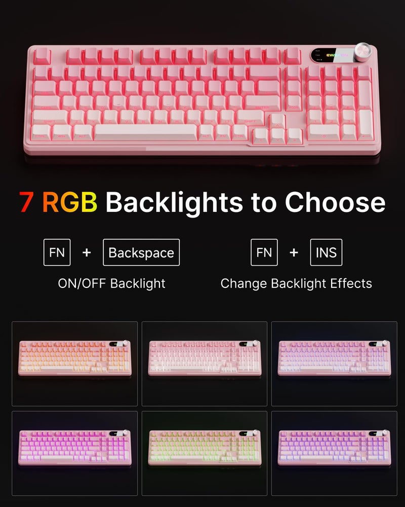 EWEADN V102 Wired Keyboard, 98 Keys Creamy Gaming Keyboard with Number Pad, Display Screen & Media Knob RGB Silent Wired Cute Computer Keyboard for Laptop PC Gamer - Gradient Pink - Image 3