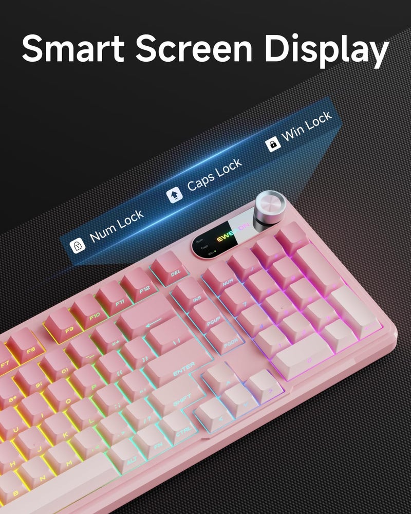 EWEADN V102 Wired Keyboard, 98 Keys Creamy Gaming Keyboard with Number Pad, Display Screen & Media Knob RGB Silent Wired Cute Computer Keyboard for Laptop PC Gamer - Gradient Pink - Image 4