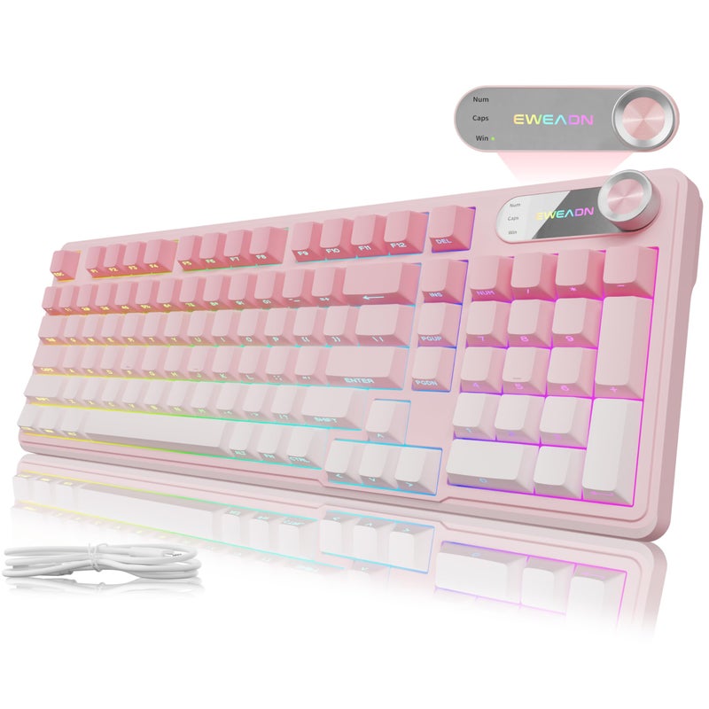 EWEADN V102 Wired Keyboard, 98 Keys Creamy Gaming Keyboard with Number Pad, Display Screen & Media Knob RGB Silent Wired Cute Computer Keyboard for Laptop PC Gamer - Gradient Pink - Image 1