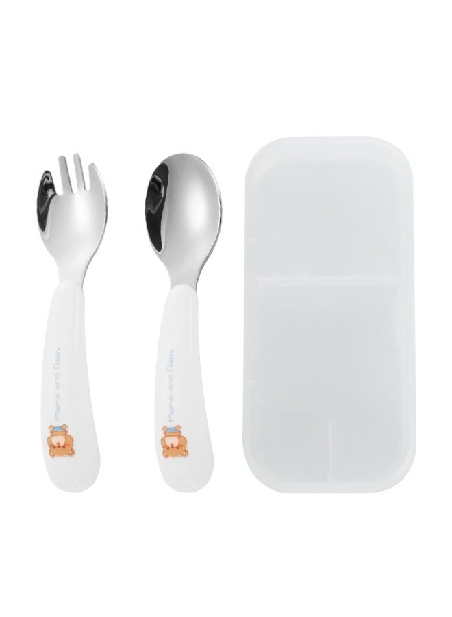 304 Stainless Steel Children's Cartoon Tableware Feeding Household Spoon Baby Food Supplement Tableware Spoon Fork Two-piece Set-Specifications:White Bear Spoon Fork (including Portable Box And Color Box) - Image 1