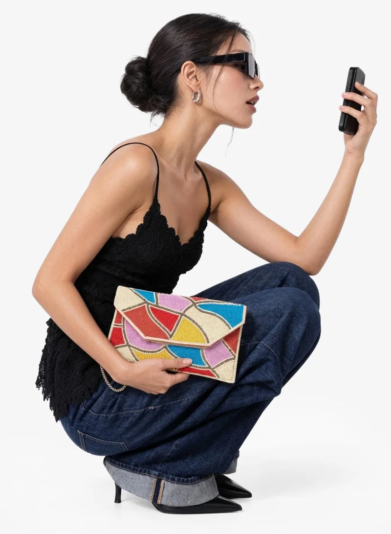 Embroidered Beaded Geometric Clutch