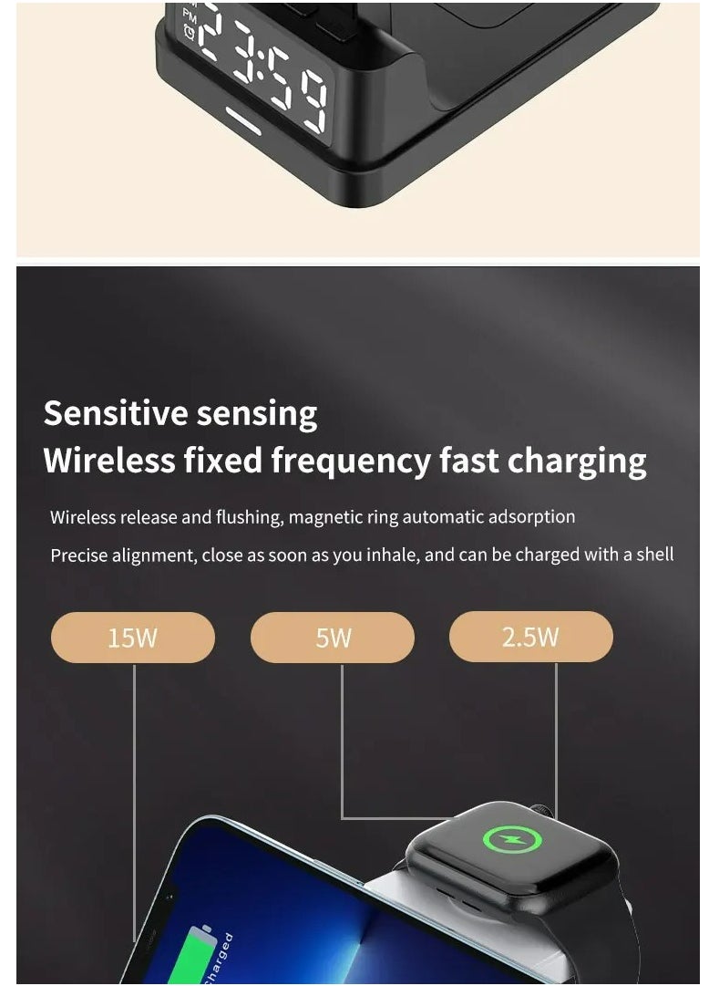 Generic - Wireless Charger 4 in 1 Clock Alarm Wireless Charging Station For iPhone 15 14 13 12 Air Pods iWatch Samsung S24 S23 Ultra Buds - Image 1