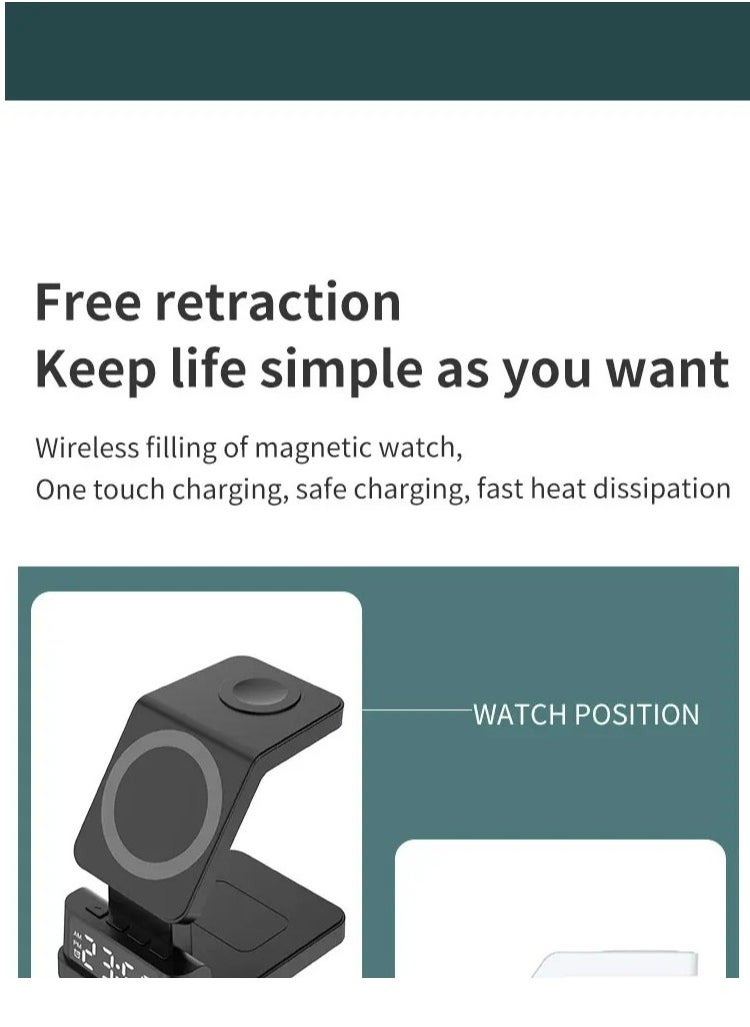 Generic - Wireless Charger 4 in 1 Clock Alarm Wireless Charging Station For iPhone 15 14 13 12 Air Pods iWatch Samsung S24 S23 Ultra Buds - Image 1
