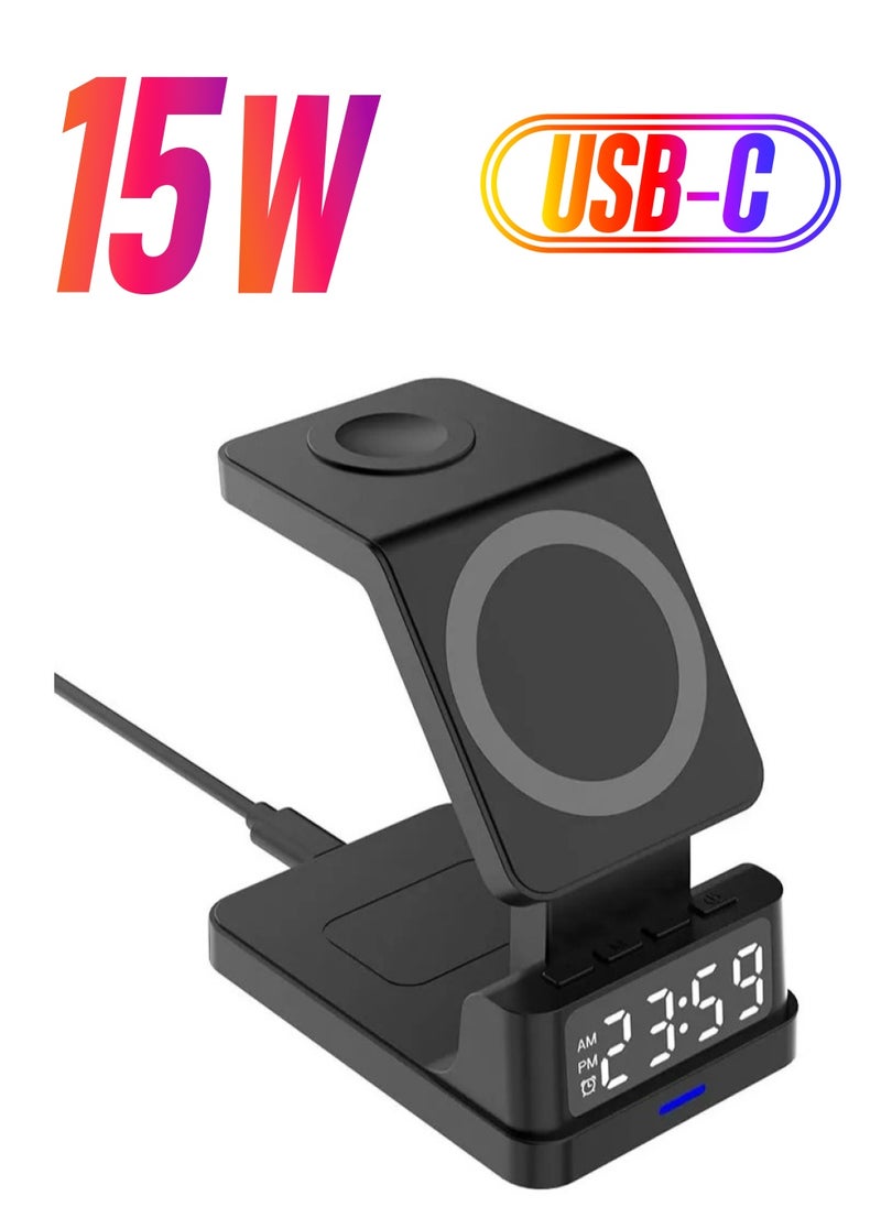 Generic - Wireless Charger 4 in 1 Clock Alarm Wireless Charging Station For iPhone 15 14 13 12 Air Pods iWatch Samsung S24 S23 Ultra Buds - Image 1