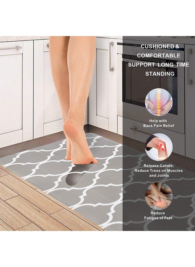 Carvapet - Moroccan Trellis Kitchen Mat 2 Pcs Cushioned Anti-Fatigue Kitchen Rug Waterproof Non-Slip Rugs Pvc Ergonomic Comfort Standing Foam Mats For Office Laundry, Grey, 17.3''X27.5''+17.3''X47.2'' - Image 1
