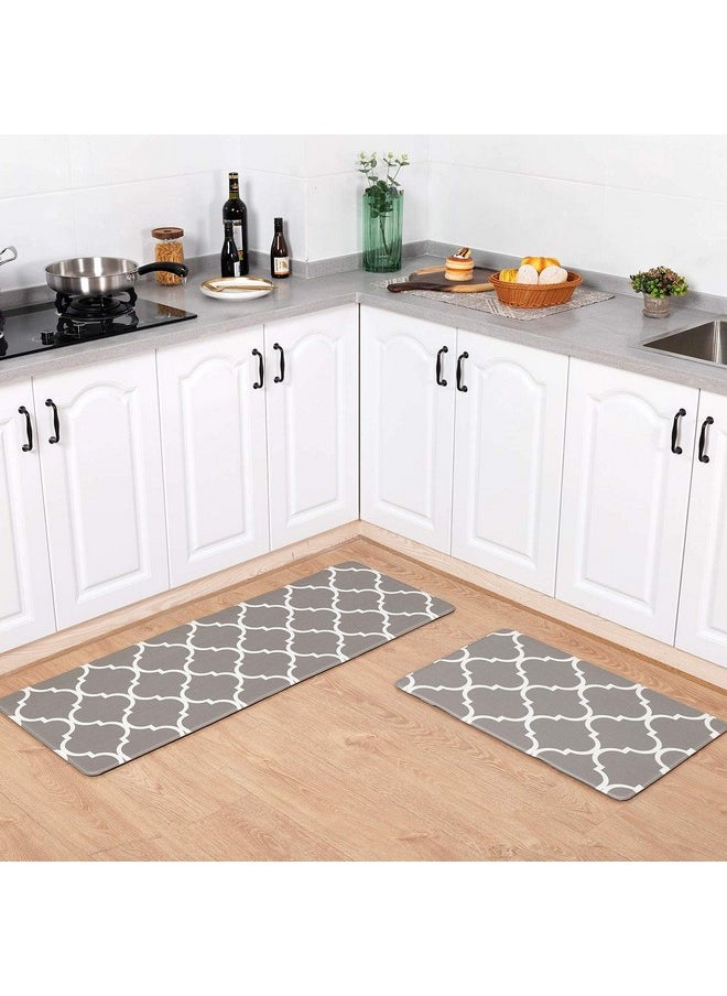 Carvapet - Moroccan Trellis Kitchen Mat 2 Pcs Cushioned Anti-Fatigue Kitchen Rug Waterproof Non-Slip Rugs Pvc Ergonomic Comfort Standing Foam Mats For Office Laundry, Grey, 17.3''X27.5''+17.3''X47.2'' - Image 1