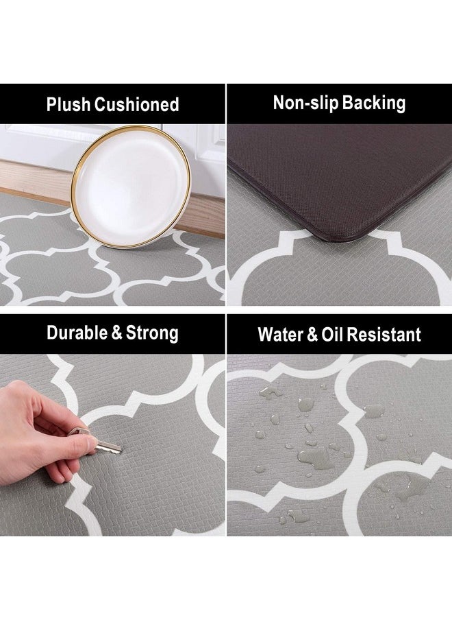 Carvapet - Moroccan Trellis Kitchen Mat 2 Pcs Cushioned Anti-Fatigue Kitchen Rug Waterproof Non-Slip Rugs Pvc Ergonomic Comfort Standing Foam Mats For Office Laundry, Grey, 17.3''X27.5''+17.3''X47.2'' - Image 1