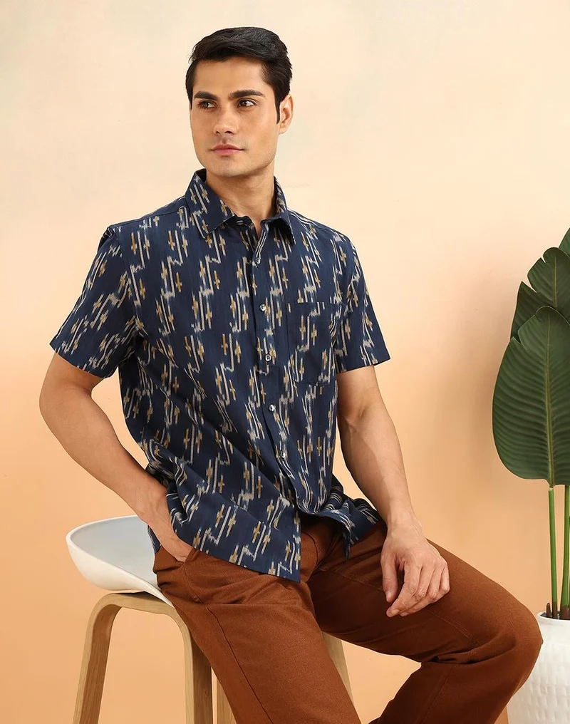 Fabindia Blue Cotton Ikat Bush Shirt
