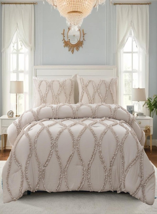 Bedbay Ruffle Comforter Queen Size,Country Farmhouse Bedding Sets,Ruffled Queen Shabby Chic Comforter Bed Set Beige Grey 3 Pcs Ruffle Bedding for Women Girls(Tan Beige,Queen) - Image 1